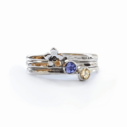 Double 3mm Gemstone and Hidden Ash/Hair Forget Me Not Memorial Stacking Ring