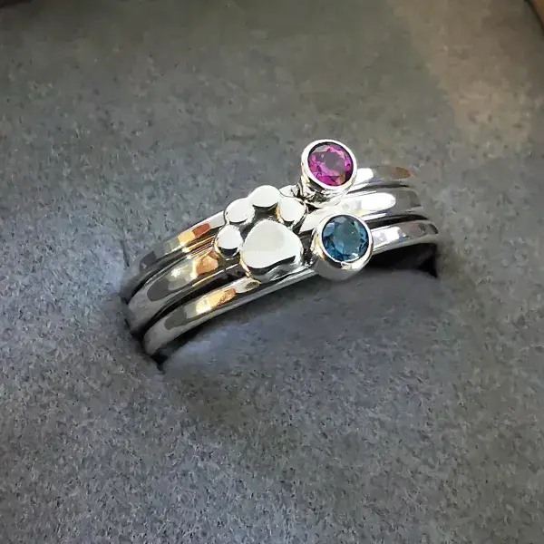 Double 3mm Gemstone And Hidden Ash/Hair Paw Memorial Stacking Ring