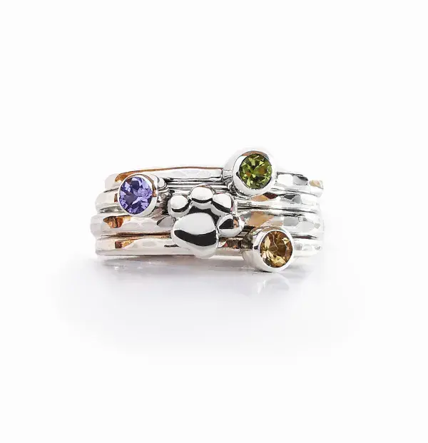 Three 3mm Gemstone And Hidden Ash/Hair Paw 3 Memorial Stacking Ring