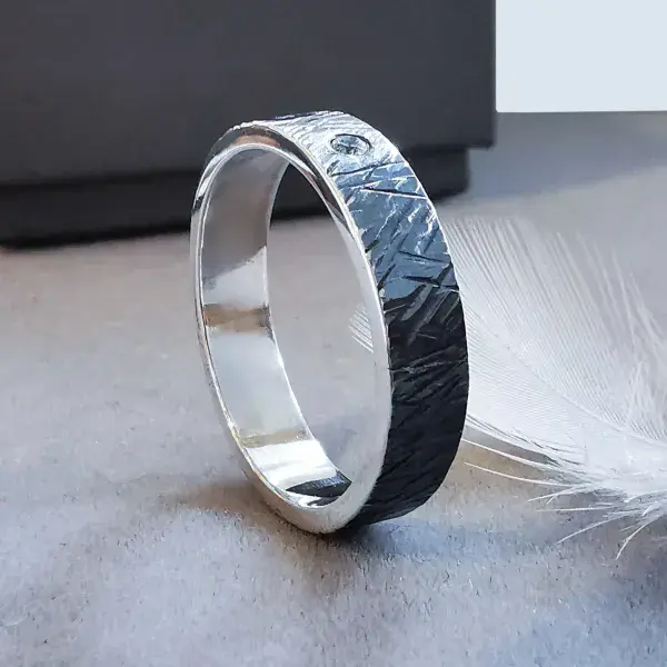 Unisex 2mm Diamond Ash 5mm Oxidised Silver Ring