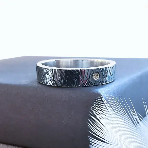 Unisex 2mm Diamond Ash 5mm Oxidised Silver Ring