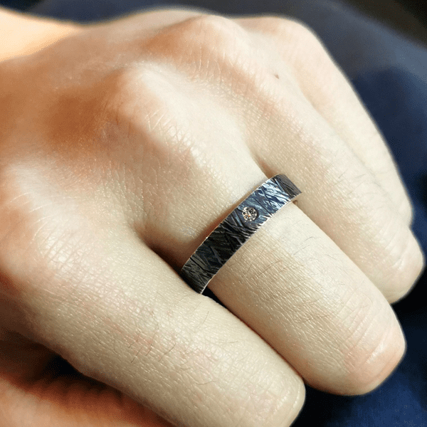 Unisex 2mm Diamond Ash 5mm Oxidised Silver Ring