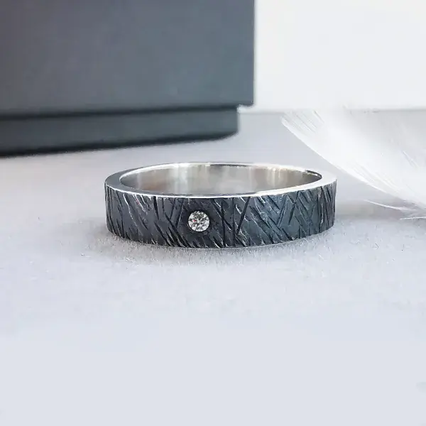 Unisex 2mm Diamond Ash 5mm Oxidised Silver Ring
