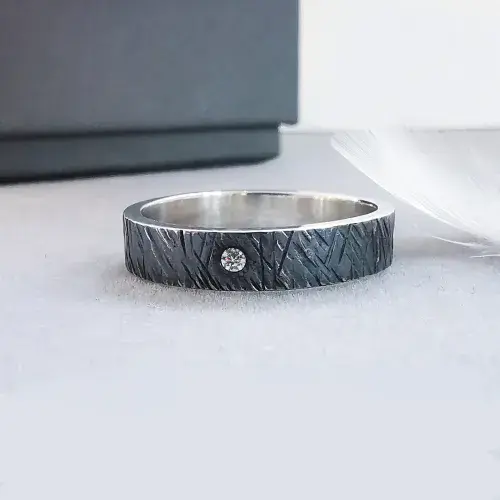 Unisex 2mm Diamond Ash 5mm Oxidised Silver Ring