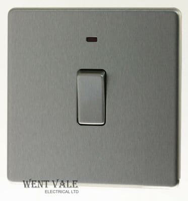 BG Decorative Screwless Flat Plate  SFBS31 Brushed Steel 20a Double Pole + Neon