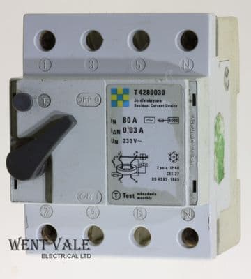 Clipsal T4280030 - 80a 30mA Double Pole Class AC RCD Used