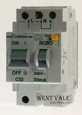 Crabtree Polestar - 602C/323 - 32a 30mA Type C Double Pole Class A RCBO Used