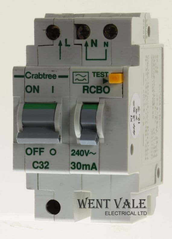Crabtree Polestar - 602C/323 - 32a 30mA Type C Double Pole Class A RCBO Used