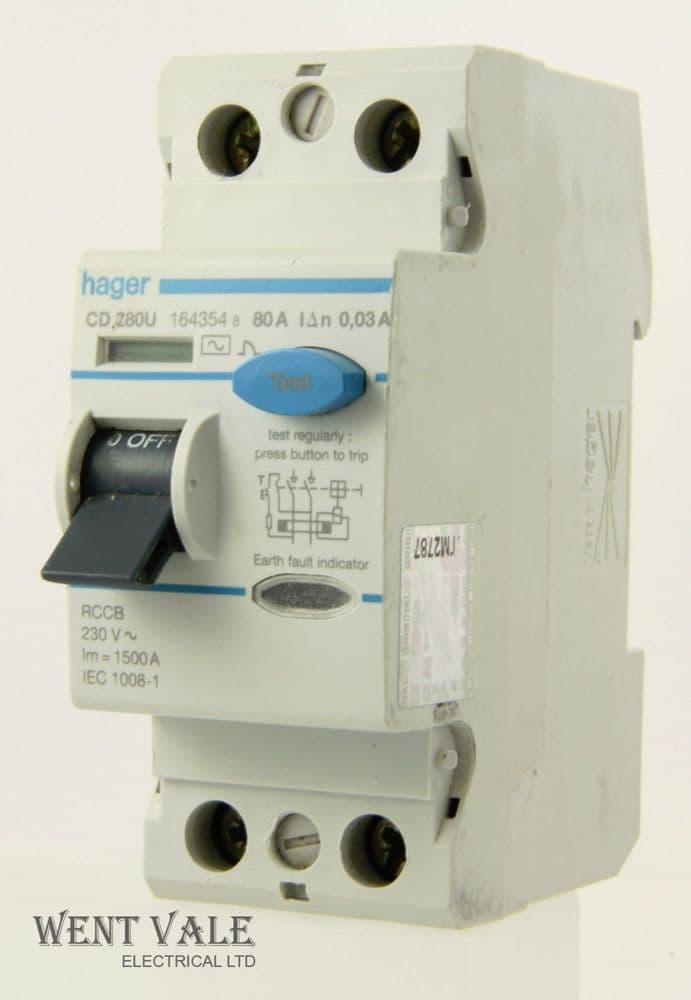 Hager CD 280U - 164354-8 - 80a 30mA Double Pole RCCB Used