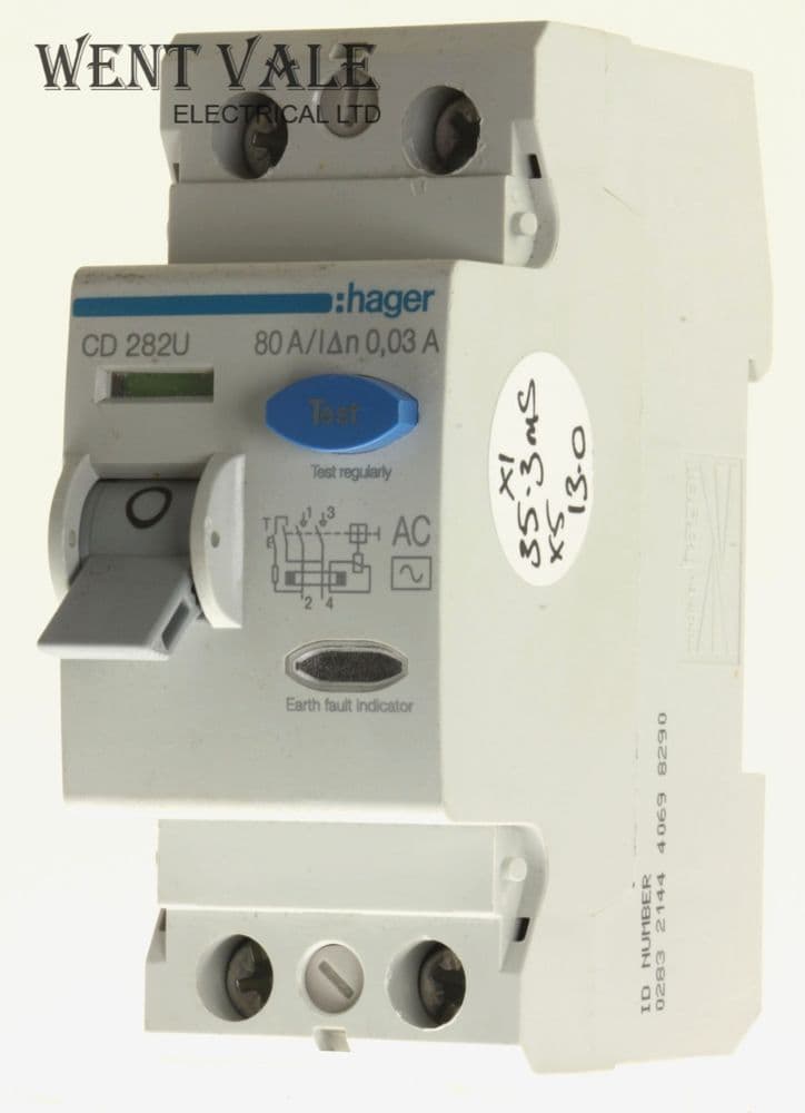 Hager - CD 282U-161502/6 - 80a 30mA Double Pole Class AC RCCB Used Oval TB
