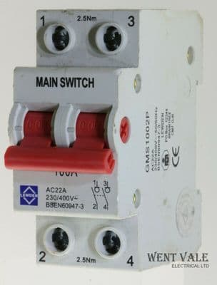 Lewden GMS1002P - 100a AC22A Double Pole Switch Disconnector Used