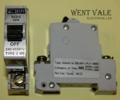 Proteus 632/2 - 32a Type 2 Single Pole MCB Silver Label Used