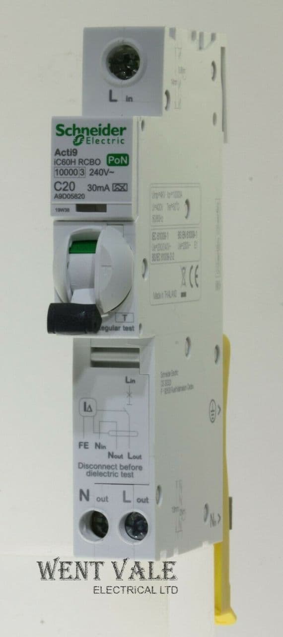Schneider Acti 9 - A9D05820 - 20a 30mA Type C Single Pole Ns RCBO PoN ...