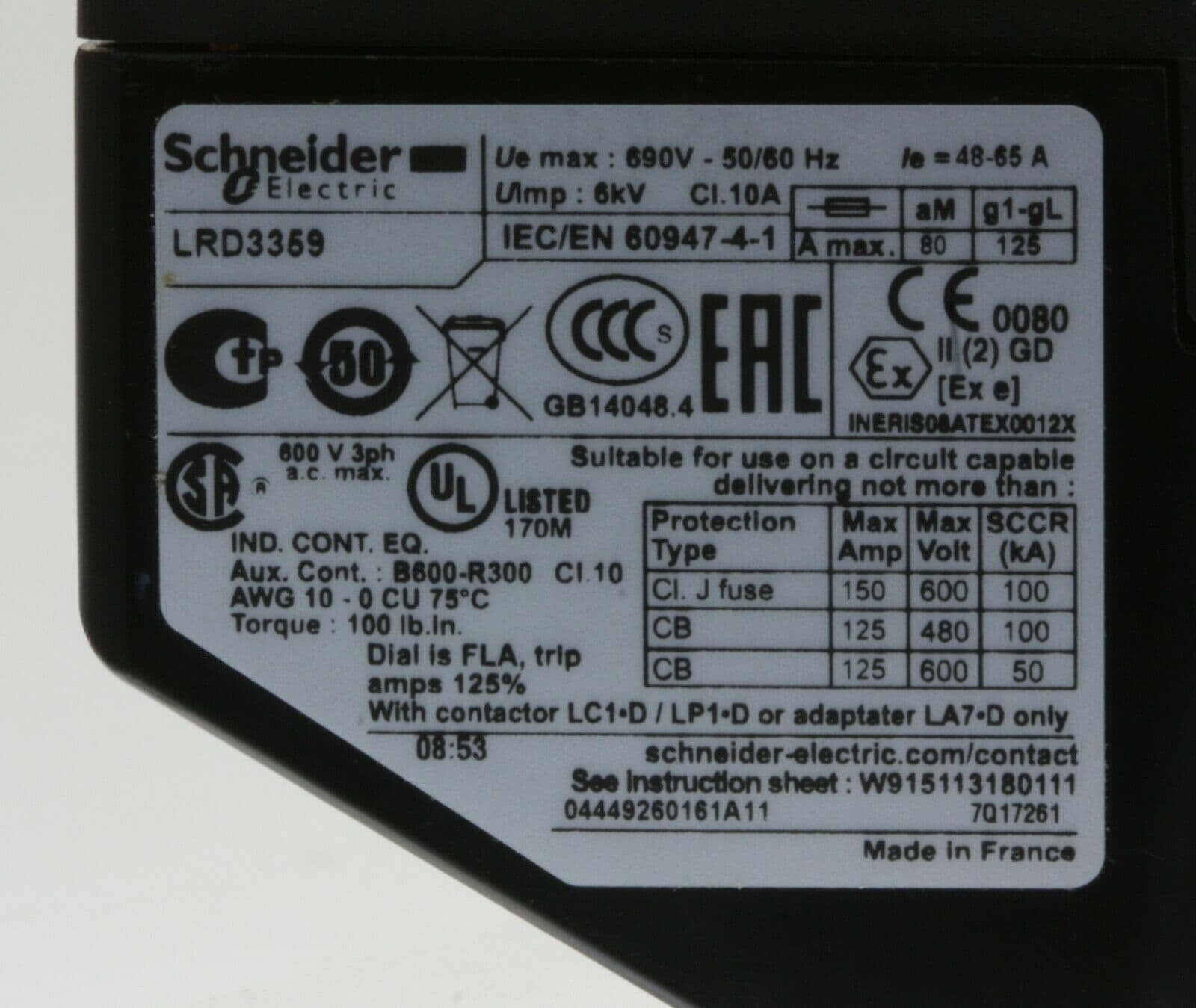 Schneider Tesys LAD3359 3 Pole Thermal Overload Relay 48 to 65a