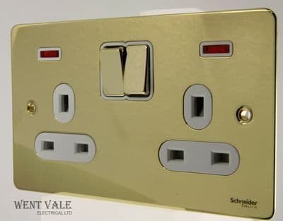 Schneider Ultimate Flat Plate - GU3221WPB - 13a Twin Socket With Neons
