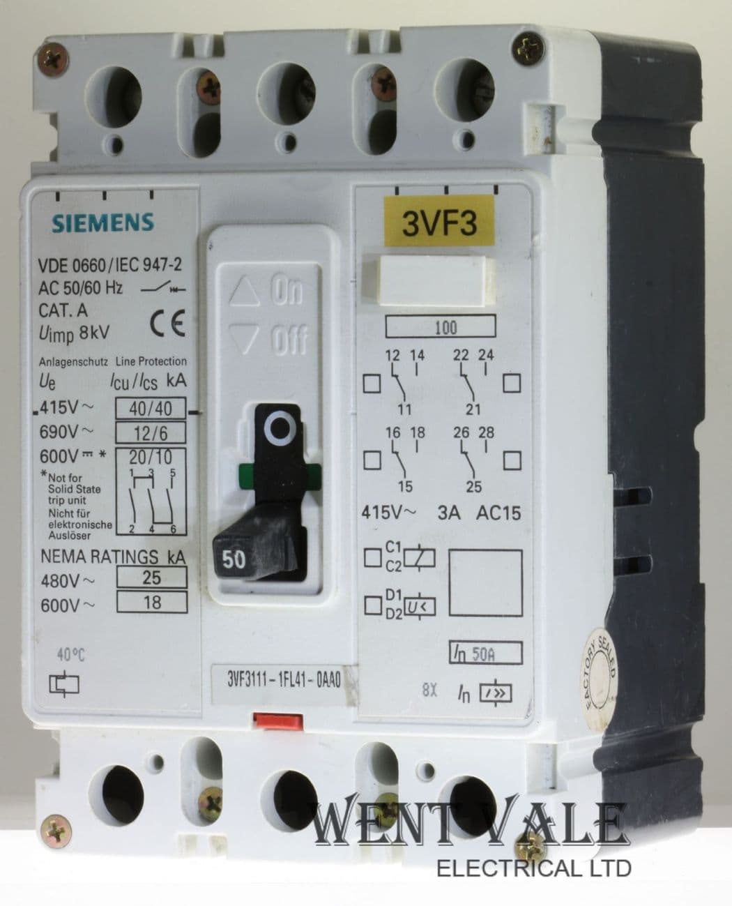 Siemens 3VF3 - 3VF3111-1FL41-0AA0 - 50a Triple Pole Cat A MCCB Used H