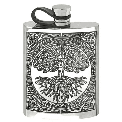 6oz Pewter Hip Flask With Celtic Tree Of Life Design with Captive Cap