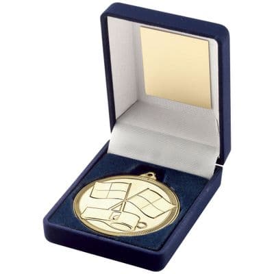 Blue Medal Box + Gold Referee Rugby 50mm Medal Award