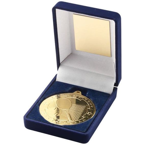Blue Velvet Box Gold Tennis Medal Trophy 50mm (2