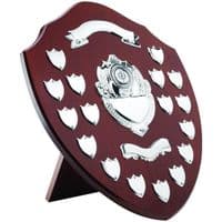 Mahogany Shield With 13 Chrome Record Shields 356mm (14