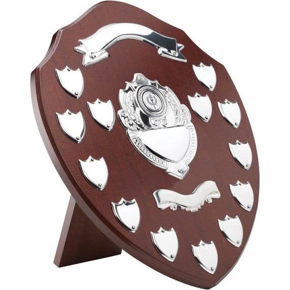 Mahogany Shield With 13 Chrome Record Shields 356mm (14