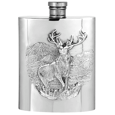 Pewter Hip Flask with Embossed Highland Stag 6oz