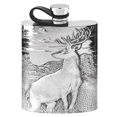Pewter Hip Flask with Embossed Highland Stag 6oz  with Captive Cap