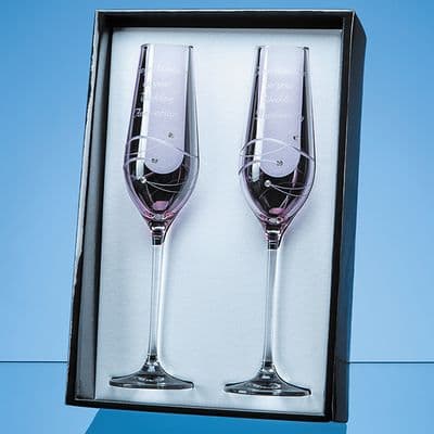 Pink Diamante Champagne Flutes with Spiral Design Cutting 2
