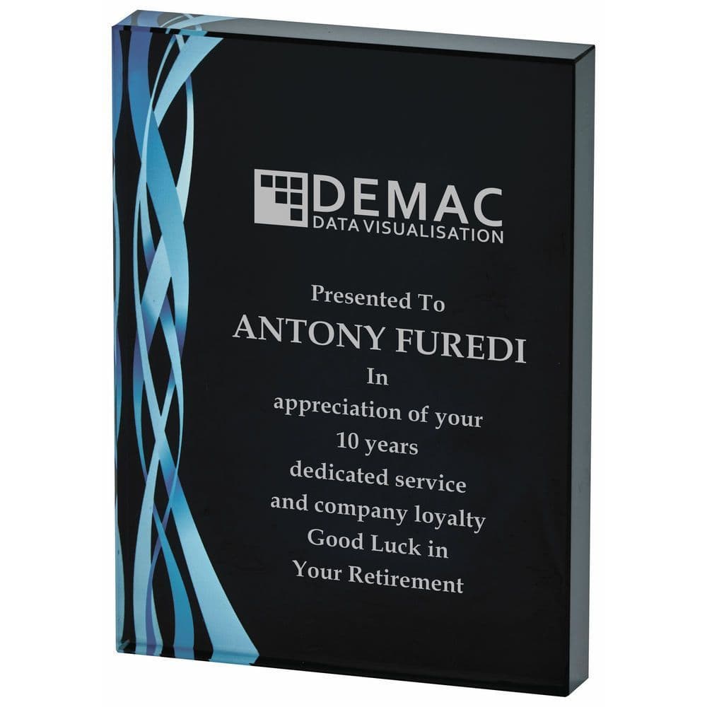 Rectangular Blue Ribbon Glass Award - Black Background 20mm Thick