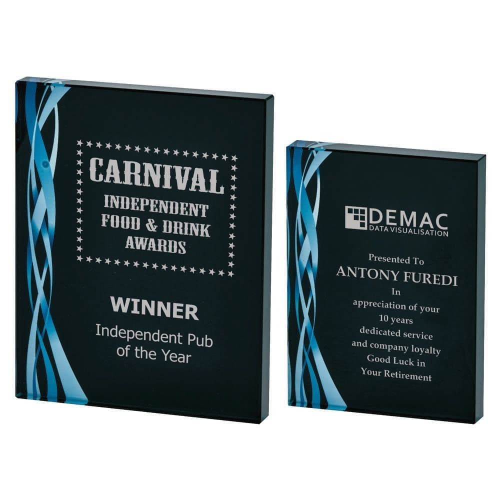 Rectangular Blue Ribbon Glass Award - Black Background 20mm Thick
