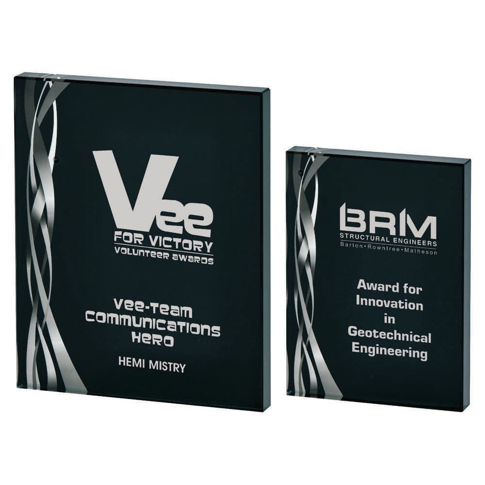 Recrangular Ribbon Rectangular Silver Ribbon Glass Award - Black Background 20mm Thick