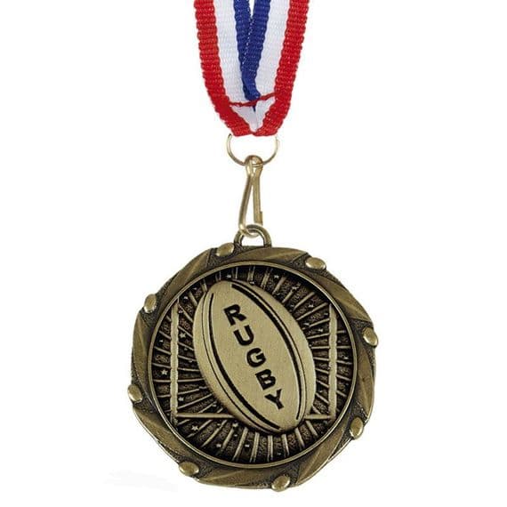 Rugby Ball Combo Medal 45mm with Red White & Blue Ribbon | TrophyMaster UK