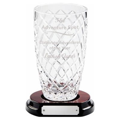 Stately 24% Lead Crystal Vase with Panel on Wood Base