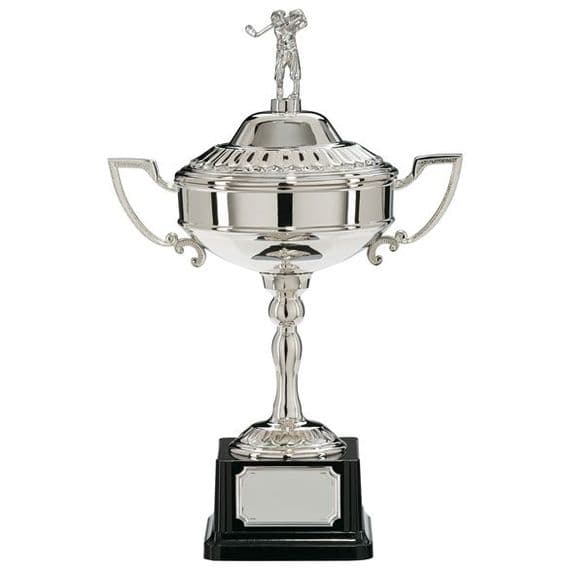 Sterling Golf Nickel Plated Cup 295mm with Golfer Lid | TrophyMaster UK