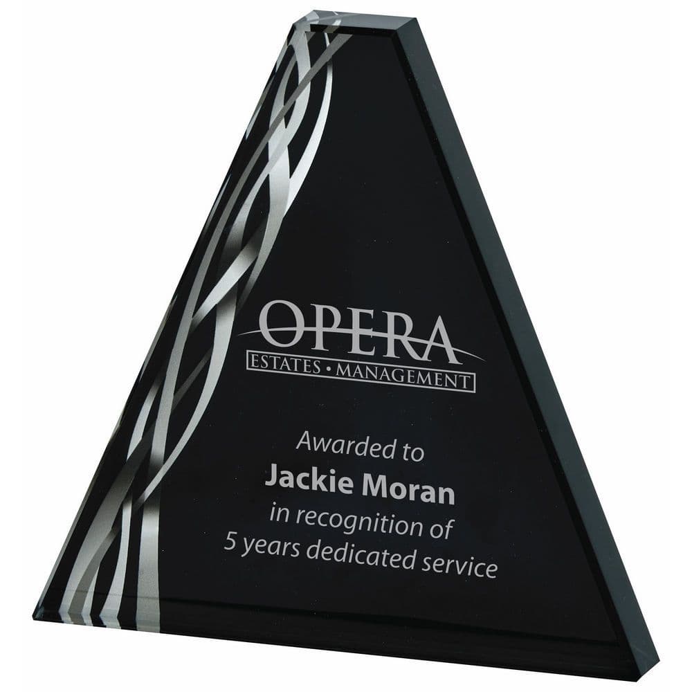 Triangular Silver Ribbon Glass Award - Black Background 20mm Thick