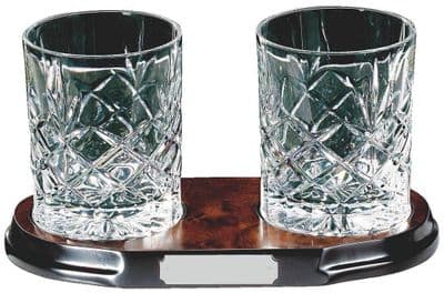 Two Lead Crystal Spirit Glasses on Wood Stand