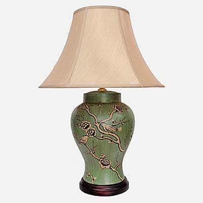 Vase Lamp in green with bird and flowers