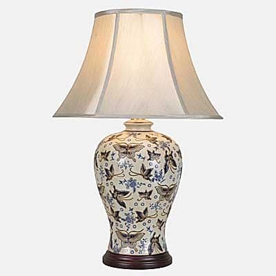 Vase Lamp in ivory with blue and silvery butterfly