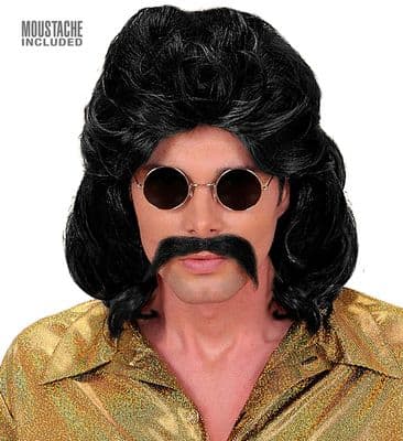 1970s Black Wig & Moustache Set