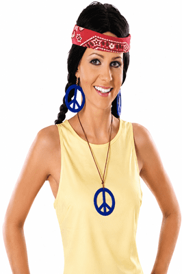1970s Peace Medallion And Earrings Set Blue Hippie Disco Fancy Dress Accessory