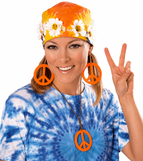 1970s Peace Medallion And Earrings Set Orange Hippie Disco Fancy Dress Accessory