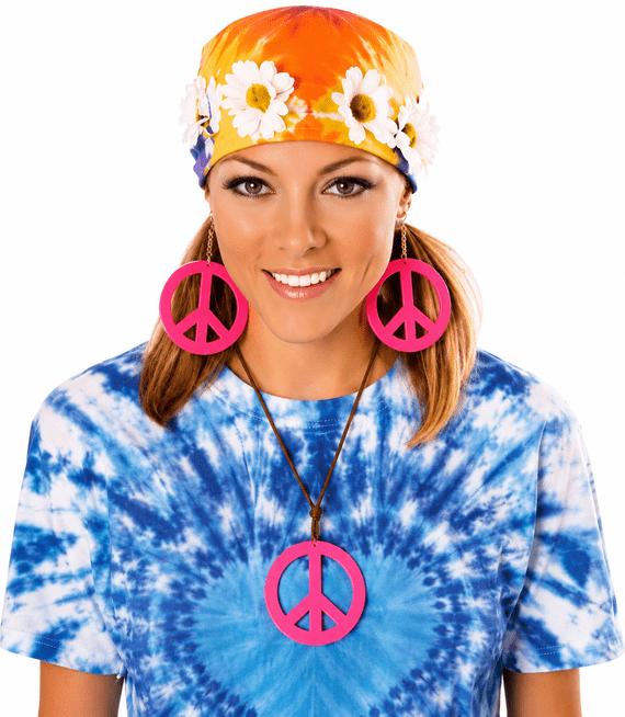 1970s Peace Medallion And Earrings Set Pink Hippie Disco Fancy Dress Accessory
