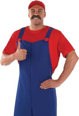 1980s Plumber Costume Mens Retro Video Game Fancy Dress Outfit Red Blue Adult