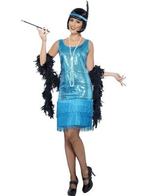 Adult 1920's Bright Blue Flirty Flapper Costume