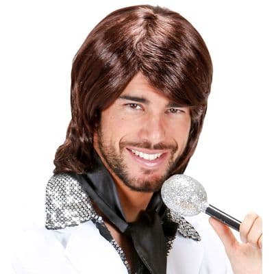 Adult 1970s Pop Star Benny Wig Brown Retro Disco Fancy Dress Costume Wig