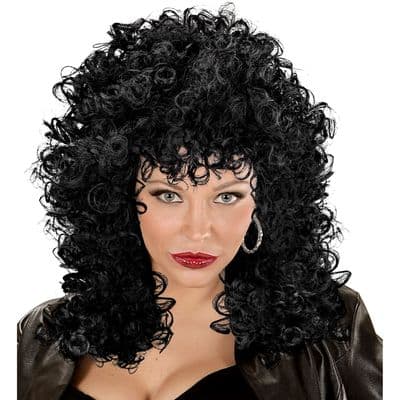 Adult 1980s Eleonore Black Wig Curly Rock Pop Fancy Dress Costume Wig