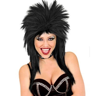 Adult 1980s Rock Star Black Wig Punk Glam Fancy Dress Mullet Wig