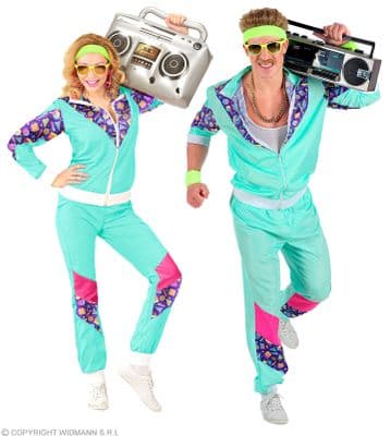 Adult 80s Blue Shell Suit Costume  Retro Tracksuit Fancy Dress