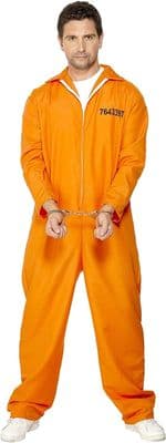 Adult Escaped Prisoner Costume Orange Prison Jumpsuit Fancy Dress Outfit