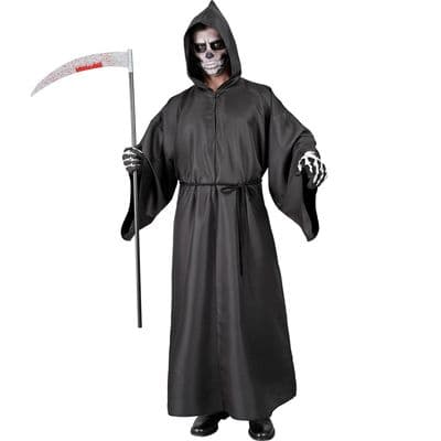 Adult Grim Reaper Costume Black Hooded Robe Halloween Fancy Dress Outfit